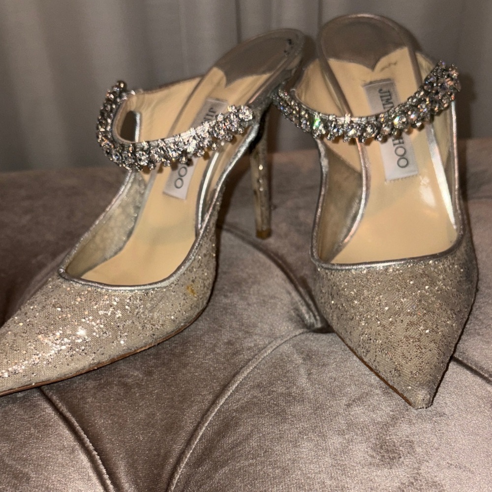Jimmy Choo Sparkling Silver Heels with Crystal Strap